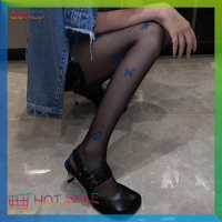 QUNED Black/complexion ผู้หญิงสีฟ้าผีเสื้อพิมพ์กางเกงฤดูร้อนดู-ผ่าน ultra-thin Silky tights ญี่ปุ่น Lolita Seamless ถุงน่อง