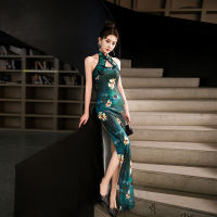 สีเขียวสีฟ้าจีนแห่งชาติ Cheongsam ผู้หญิงฤดูร้อนเซ็กซี่เปลือยชุดแขนกุดดอกไม้วินเทจชุดยาว Qipao S เพื่อ5XL