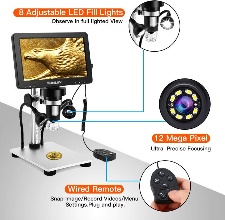 tomlov-dm9-7-lcd-digital-microscope-1200x-1080p-video-microscope-with-metal-stand-12mp-ultra-precise-focusing-led-fill-lights-pc-view-windows-mac-os-compatible-with-sd-card-model-dm9
