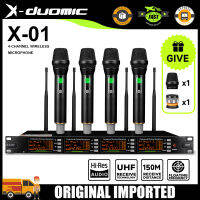 ไมโครโฟนไร้สาย X-Duomic X-01, Professional 4 Channels, โครงสร้างมาตรฐาน 1U, UHF ความถี่ลอยอยู่ที่ 600hmz, อินเทอร์เฟซเอาท์พุท XLR เอาท์พุทสมดุล ได้รับระยะ 150 เมตร