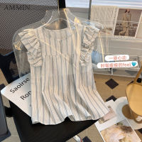 AMMIN เสื้อเชิ้ตหวานๆแฟชั่นคอกลมสั้นแต่งระบายสำหรับผู้หญิง,เสื้อเชิ้ตผ้าชีฟองแขนสั้นแต่งระบายสไตล์เกาหลีสำหรับฤดูร้อน2023