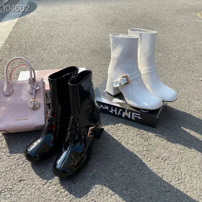 【Original Label】Thick Heeled White French Ankle Boots with Stylish High Heels and Ankle Short Boots with Belt Buckles