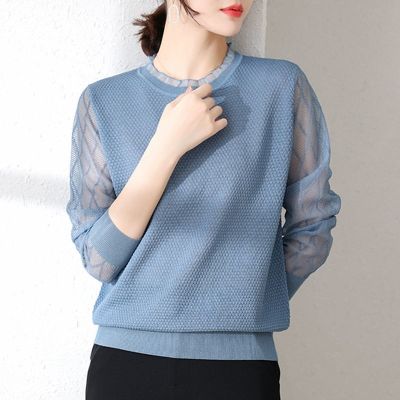 ✜ Womens knitted shirt spring/summer long sleeved T-shirt thin lace patchwork top