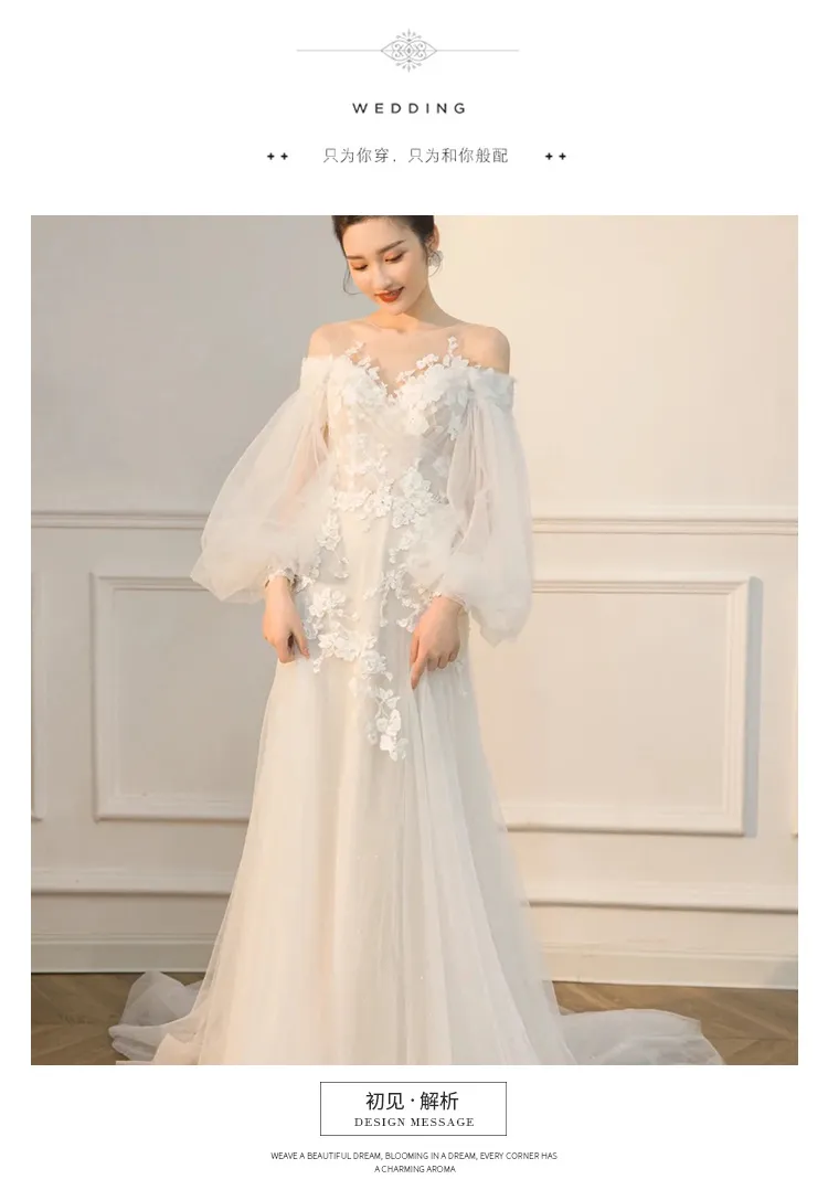 Glary Star Long-Sleeved Mori Light Wedding Dress, Super Fairy, Dreamy  Bride, Korean-Style Outing, Welcoming Gauze, One-Shoulder Princess-Style  Dress | Lazada Ph