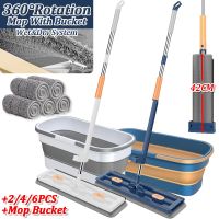 Enlarged Squeeze Mop with Mop Bucket Hand Free Wringing Floor Cleaning Microfiber Mop Pads Wet or Dry Usage on Hardwood Laminate