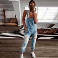 Ripped Womens Denim Jumpsuit Elegant Suspenders Fashion Streetwear Washed Blue Repair Casual Plus Size Jeans 2023 Ladies Pants