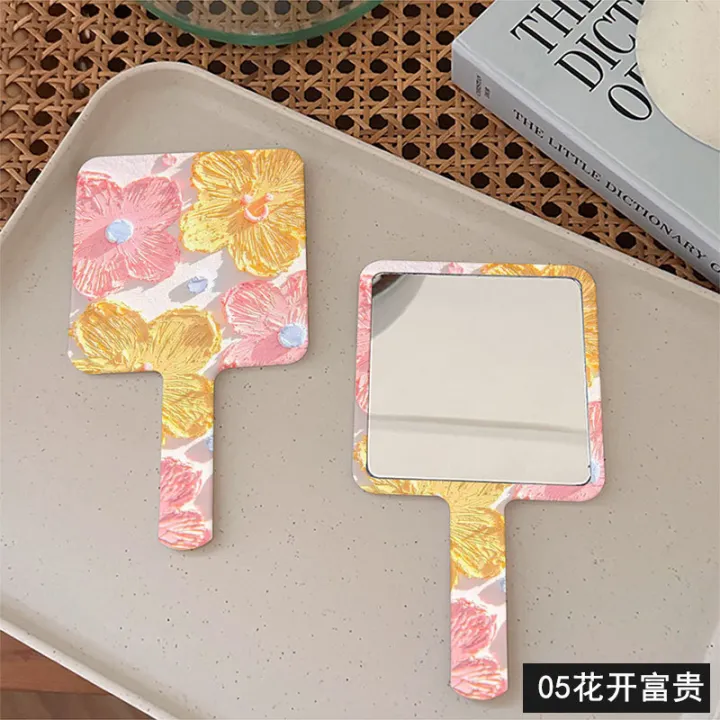 travel-friendly-makeup-mirror-handheld-mirror-for-makeup-application-wind-flower-square-hand-held-mirror-makeup-mirror-with-handle-portable-makeup-mirror