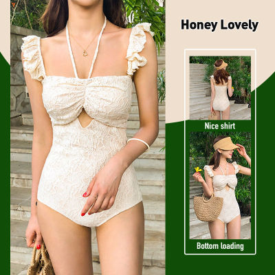 Honey Lovely เวอร์ชั่นเกาหลีของลูกไม้เซ็กซี่รวบรวมชุดว่ายน้ำสามเหลี่ยมชิ้นเดียวหูไม้อนุรักษ์นิยมสยามปกท้องน้ำพุร้อนชุดว่ายน้ำหญิง HON945