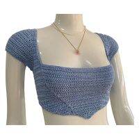 2021Women Sexy Handmade Crochet Crop Top Knitted Shiny Short Sleeves Top Tie The Rope Back Corset