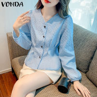 VONDA เสื้อลำลองแขนยาวคอวีมีกระดุมสำหรับผู้หญิง (ลายดอกไม้เกาหลี)