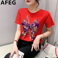 AFEG เสื้อยืดแขนสั้นมีโบว์ประดับเพชร,แฟชั่นคอกลมสไตล์เกาหลีแบบใหม่ 105