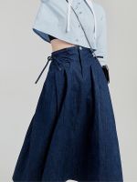 DEEPTOWN Vintage Denim Skirt Women Korean Fashion High Waist A-line Folds Bandage Long Jeans Skirt Autumn Winter Elegant