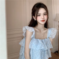 French minority chic polka dot chiffon shirt ruffled spaghetti straps vest doll shirt sleeveless pure desire fairy top summer