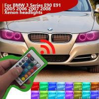 ไฟหน้าซีนอนสำหรับ Bmw 3 Series E91 E90 2006 2007 2008ไฟซีนอน Rf ระยะไกลหลายสีสว่างพิเศษ Rgb Led Angel Eyes Drl 16สี