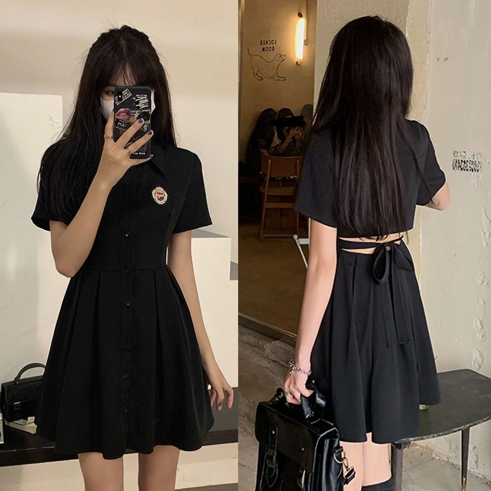 POLO Collar Black Suit Dress Women's Summer Caution Machine Small Waist A Line Short Skirt Spicy Girl Pleated Dress Women Dress