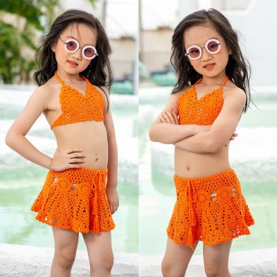 [COD] European and fashion summer childrens hollow hand-woven swimsuit strap bikini wholesale
