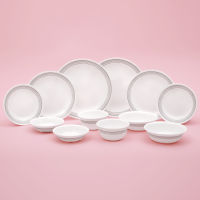 Corelle MYSTIC Grey ชามและจานเซรามิก 12 ชิ้น อาหารเย็น เครื่องล้างจาน ตู้เซฟ