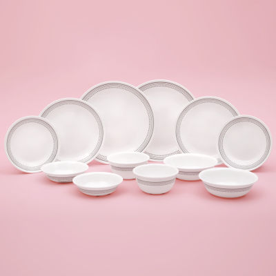 Corelle MYSTIC Grey ชามและจานเซรามิก 12 ชิ้น อาหารเย็น เครื่องล้างจาน ตู้เซฟ