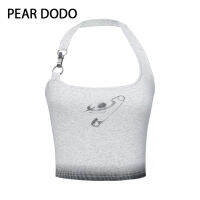 PEAR DODO สายเดี่ยวสำหรับผู้หญิงสวมใส่สบายคอพิมพ์ลายล็อกโลหะสไตล์เกาหลี