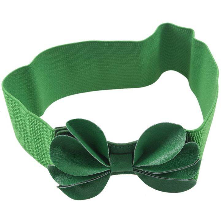 green-faux-leather-flower-7-5cm-wide-elastic-cinch-belt-for-woman