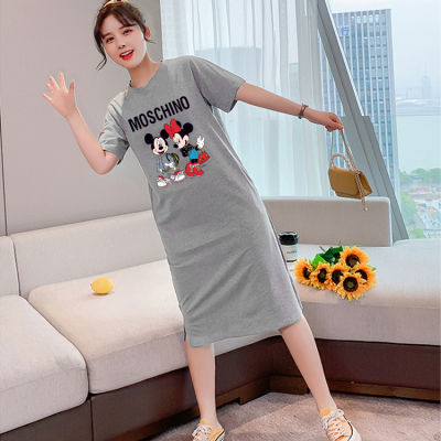 เดรสยาวเสื้อยืดแฟชั่นผู้หญิงสไตล์เกาหลี คอกลมแขนสั้น เนื้อผ้ายืดหยุ่นดี แนวหวานสดวัยรุ่นน่ารักQ10(จัดส่งโดยKerry)