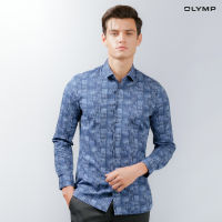 OLYMP GREEN CHOICE No. Six Shirt เสื้อเชิ้ตรักษ์โลก สีน้ำเงินน้ำทะเล พิมพ์ลาย ทรงเข้ารูป ยืดหยุ่นได้ดี รีดง่าย