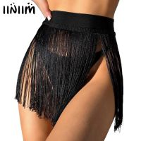 Womens High Waist Tassel Skirt Elastic Waistband Fringed Cha-cha Tango Mini Skirts Vacation Bikini Swimsuit Cover Ups Beachwear