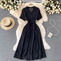 Puff Short Sleeve V-neck Plain Dress for Women Summer Korean Midi A Line French Dress