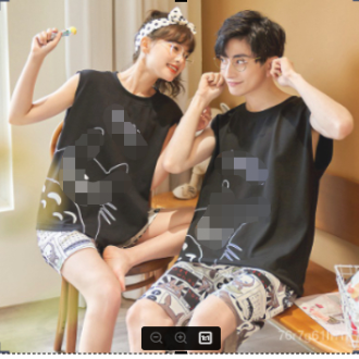 ชุดนอนคู่ผ้าฝ้ายแขนกุดผู้หญิงใหม่ฤดูร้อนปี-2022-พิมพ์การ์ตูนน่ารักชุดเสื้อกั๊กบริการที่บ้าน