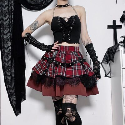 ‘；’ Gothic Harajuku Girls Plaid Pleated Skirt Y2k Lolita Cake Mini Skirts Punk Sweet Lace Kawaii Clothing Cosplay Costume