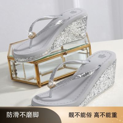 new 2023 Europe and the States women high heels sequins diamond crystal flip-flops outside beach thick bottom cool slippers
