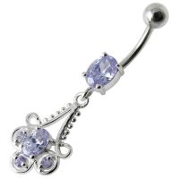 Fancy Blue Stone Jeweled Dangling 316L SS Bar Belly Ringจิวท้อง สีเงิน ประดับด้วยอัญณี