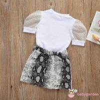 ღ♛ღBaby Girl Summer Casual Short Puff Sleeve T-Shirt + Zipper Skirt Set