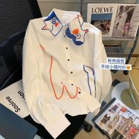 ร้อน, ร้อน★Vivi White Graffiti Long-sleeved Shirt Female Niche Design Sense 2023 Spring New Loose Casual Chic Top Women Blouse