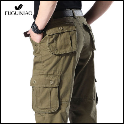 Fuguiniao Overalls ผู้ชายกางเกงคาร์โก้ทรงลำลองแบบทหารหลายกระเป๋า Track ยุทธวิธีกางเกง Pantalon Hombre กางเกงขายาวบุรุษกางเกงขาทรงกระบอก