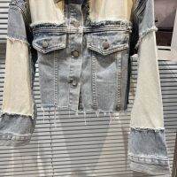 PREPOMP 2022 Spring Long Sleeve Turn Down Collar Double Pockets Patchwork Ripped Tassel Light Blue Denim Jacket Wommen GD999