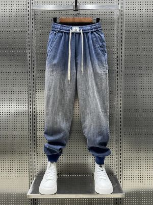 กางเกงผ้าลินินไล่ระดับสีกางเกงฮาเร็มแบบหลวมกางเกงวิ่งระบายอากาศเท่ๆเสื้อผ้าแบรนด์คุณภาพสูง