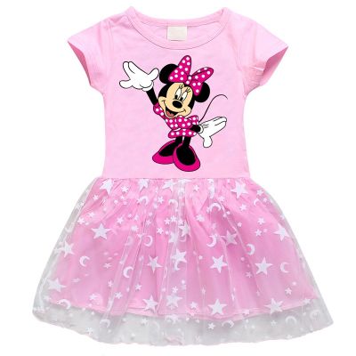 Disney Cartoon Minnie Mouse Kids Dresses for Girls Mesh Short Sleeve Princess Dress Little Children Outifts Korean Vestidos