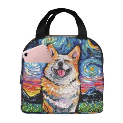 ✒✈ Smiling Corgi Starry Night Thermal Insulated Lunch Bags Women Lunch Container for Kids School Children Multifunction Food Box