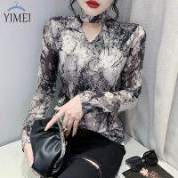 YIMEI เสื้อคอวีผ้าไหมสำหรับผู้หญิง,เสื้อคอวีผ้าไหมสีสดใสเสื้อพิมพ์ลายเว้าออกวินเทจเซ็กซี่เสื้อตาข่ายแขนยาวเข้ารูปพอดีของผู้หญิงสำหรับฤดูใบไม้ร่วง2023