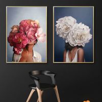 Modern Flower Head ผู้หญิงภาพวาดผ้าใบ Wall Art - Nordic Feather Wings สาวพิมพ์โปสเตอร์สำหรับห้องนั่งเล่น Home Decor Aesthetic