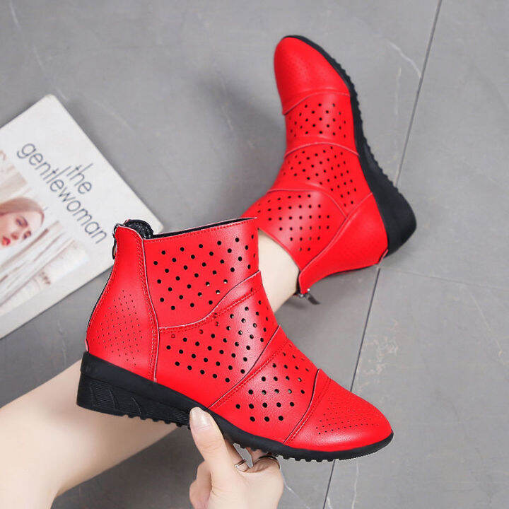 kfg945จริงหนังนุ่มเต้นรำรองเท้าแบบมีรูระบายผู้หญิงกลาง-heel-hollow-booties-ลื่น-breathable-wedge-รองเท้าผดุงครรภ์รองเท้า