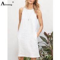 Aimsnug 2023 Summer Casual Pocket Shirts Dress Female Sleeveless Leisure Beach Dresses Large Big 3Xl Women Short Mini Dresses