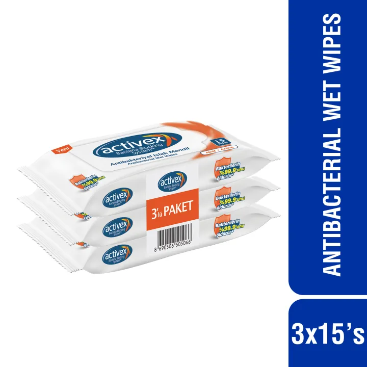 Activex Antibacterial Wet Wipes Active (15's x 3)
