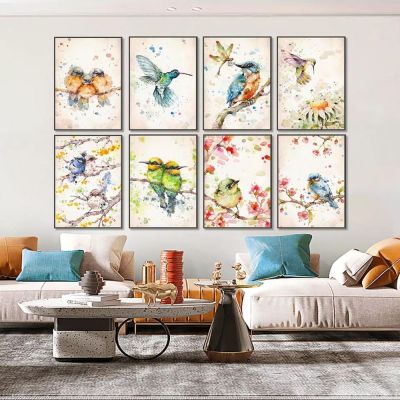 ❄❦✘ สีน้ำ Hummingbird Sparrow Wall Art สัตว์นกภาพวาดผ้าใบโปสเตอร์และภาพพิมพ์สำหรับห้องนั่งเล่นตกแต่งบ้าน