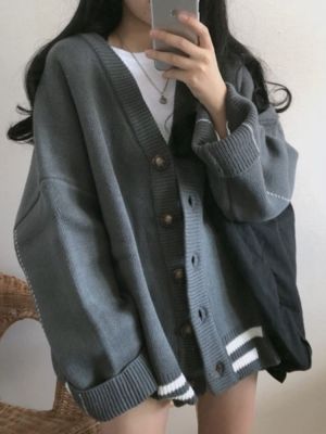 Deeptown Knitted Cardigan Sweaters Women Preppy Style School Warm Tops Knitwear 2022 Autumn Korean Fashion Kpop Patchwork