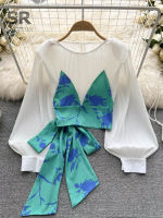 SINGREINY Women Pleated Summer Beach Blouse O Neck Long Lantern Sleeves Chic Bow Shirt Blouses Korea Female Floral Print Tops