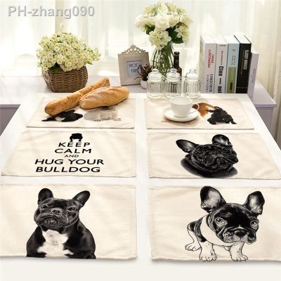 1Pcs French Bulldog Dog Pattern Placemat Dining Table Mat Cotton Linen Drink Coaster Cup Mat 42x32cm Kitchen Accessories MA0046