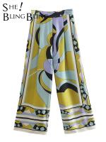 SheBlingBling 2022 Summer Women Casual Thin Style Geometric Print Traf Trousers Zipper High Waist Loose Straight Pants Tall