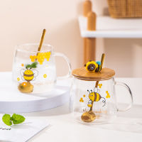 Bee Cartoon Glass Spoon Milk Cup Breakfast Cup New Year Mugs Coffee Cups Mug Beautiful Tea Mugs Mug With Lid Drinkware Original